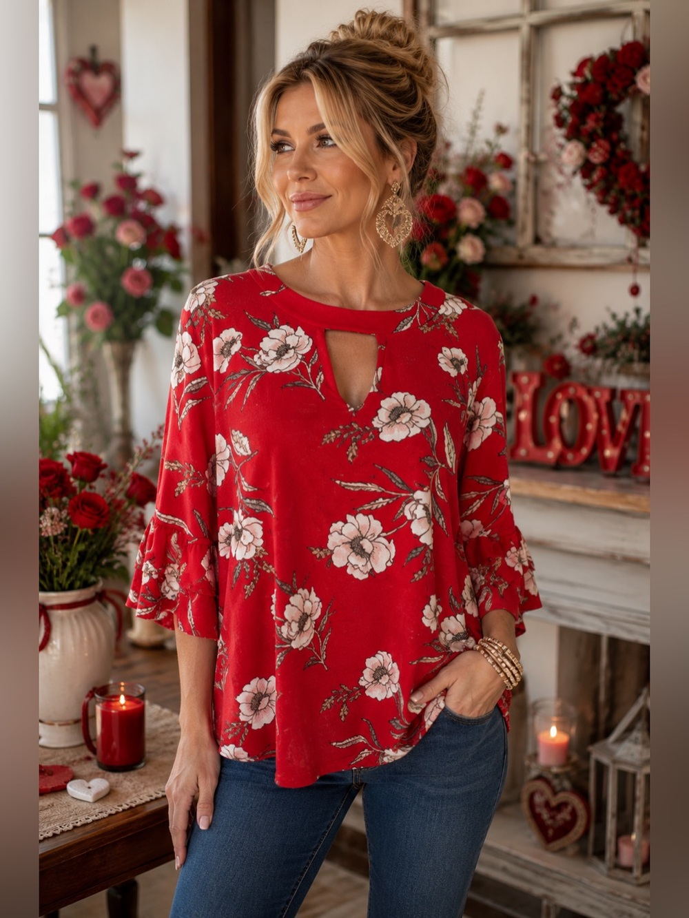 Urban Romantics Red Floral Keyhole Top Bell Sleeve Top Size M Boho Cottagecore